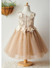 Tan Satin Tulle Knee Length Floral Flower Girl Dress